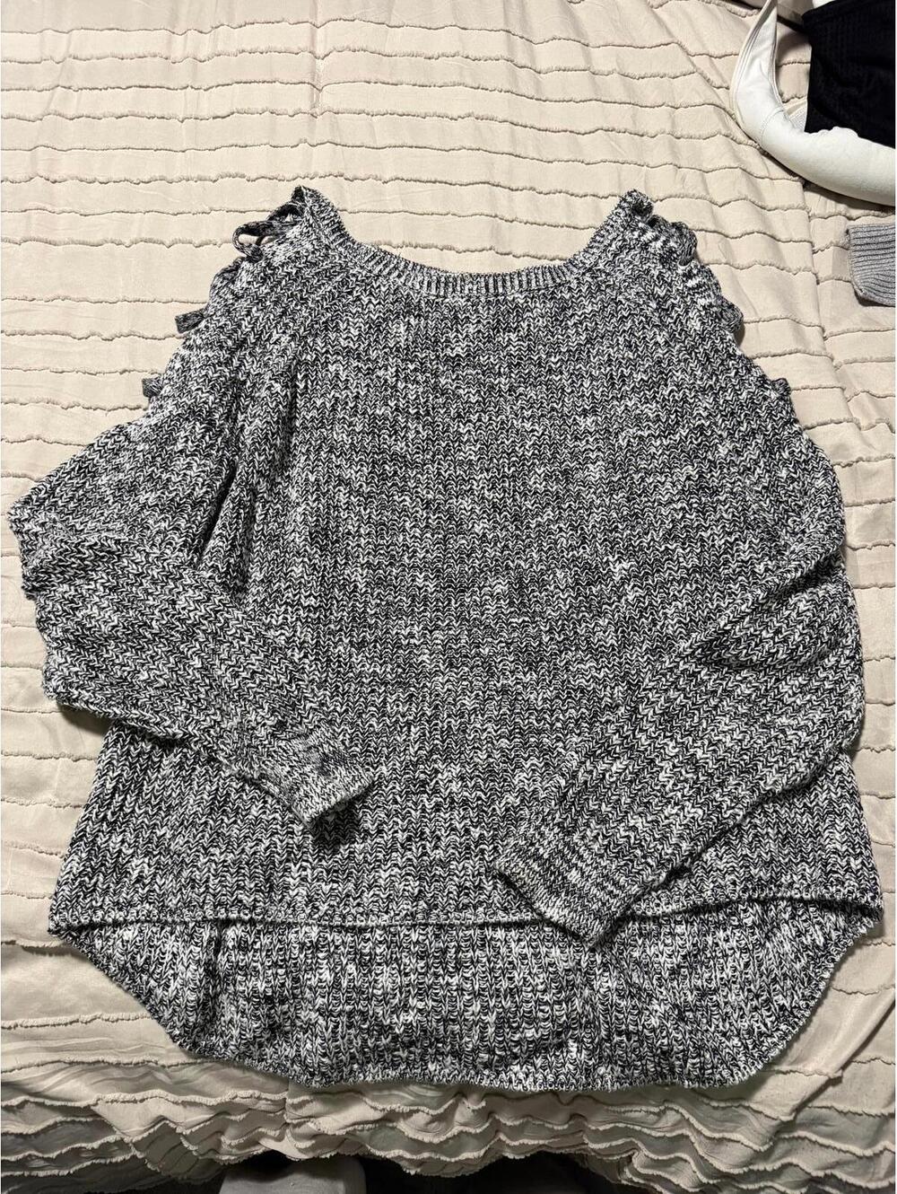 Express Women's Gray and Black Knit Sweater with Lace-Up Detail Size Small